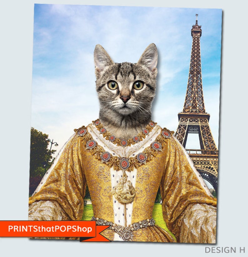 May include: A tabby cat dressed as a queen in a gold and white gown with a crown and jewels. The cat is standing in front of the Eiffel Tower.