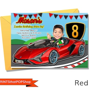 Pensioen raceautokaart, Lambo Car, aangepaste uitnodiging, foto uitnodigen, gezichtsuitnodigingen, racewagenfeest, racebaanverjaardag, Hot Rod Car, vrijgezellenfeest
