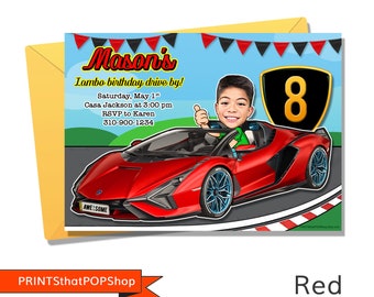 Pensioen raceautokaart, Lambo Car, aangepaste uitnodiging, foto uitnodigen, gezichtsuitnodigingen, racewagenfeest, racebaanverjaardag, Hot Rod Car, vrijgezellenfeest