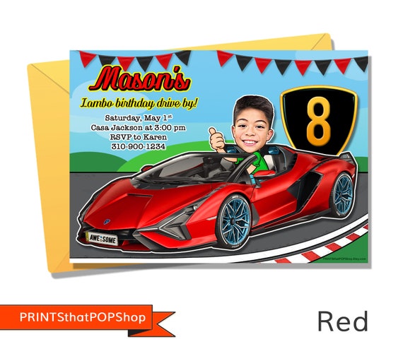 Retirement Race Car Card,Lambo Car,Custom Invite,Photo Invite,Face Invitations,Race Car Party, Raceway Birthday, Hot Rod Car,Bachelor Party Il_570xn