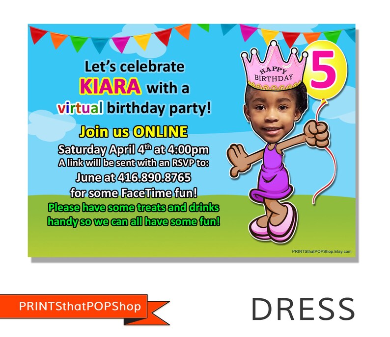 Virtual Party Invitation,Online Party,Drive By Birthday Party,Virtual Birthday,Custom Face Card,Photo Face Invite,Long Distance Online Party image 3