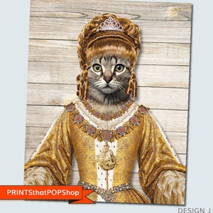 May include: A gray tabby cat wearing a gold and white queen's gown with a crown on its head. The cat is posed against a woodgrain background.
