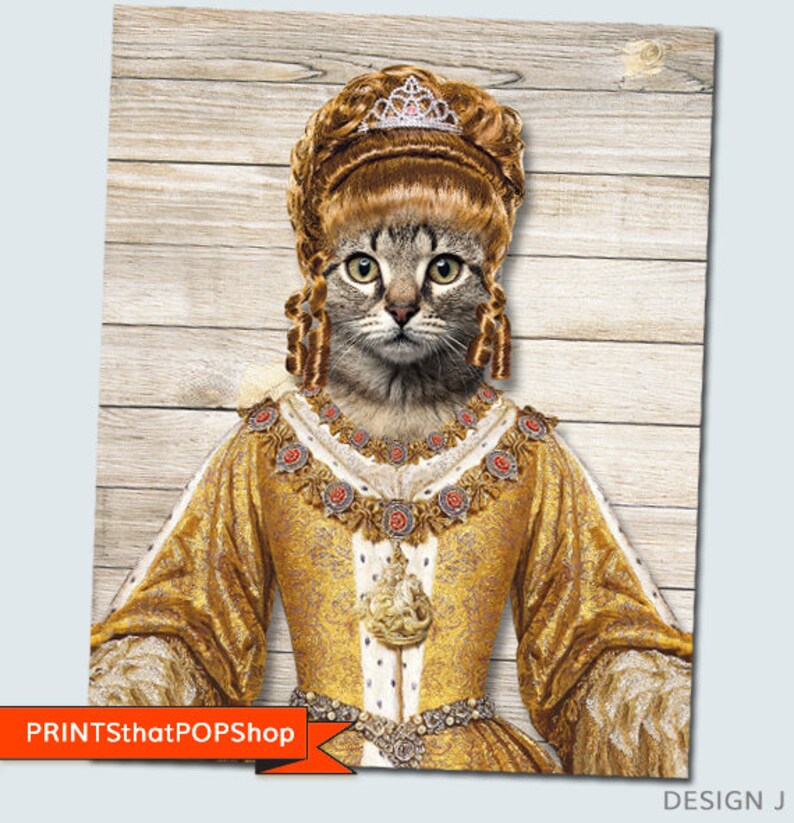 May include: A gray tabby cat wearing a gold and white queen's gown with a crown on its head. The cat is posed against a woodgrain background.