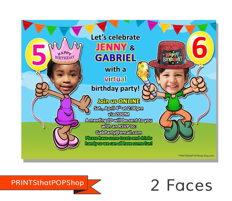 Virtual Party Invitation,Online Party,Drive By Birthday Party,Virtual Birthday,Custom Face Card,Photo Face Invite,Long Distance Online Party image 1