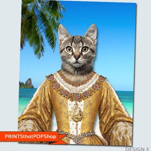 May include: A tabby cat dressed as a queen, wearing a gold and white gown with a crown and jewels. The cat is standing on a beach with a palm tree and blue water in the background.
