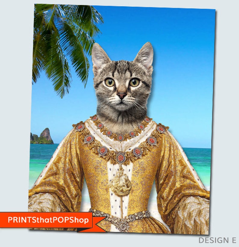 May include: A tabby cat dressed as a queen, wearing a gold and white gown with a crown and jewels. The cat is standing on a beach with a palm tree and blue water in the background.