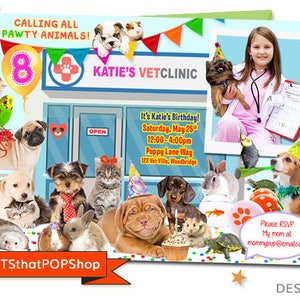 May include: A colorful birthday invitation for a girl named Katie, featuring a cartoon vet clinic with a variety of animals, including dogs, cats, a turtle, a rabbit, and a bird. The invitation includes the text "Calling all Pawty Animals!" and "Katie's Vetclinic".