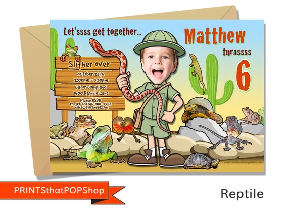 Reptile Invitation,Lizard,Spiders,Zoo Theme Invitation,Custom Face Invites,Snakes,Tropical Rainforest,Reptile Party,Frogs,Scorpion,Desert Il_570xn