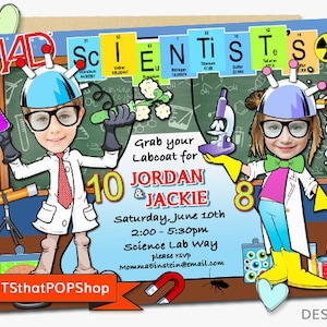 Mad Science Invitation,Experiment,Birthday Invitation,Custom Face Invites,Scientist Party,Science Birthday,Sibling Invite,Twins,Photo Invite image 1