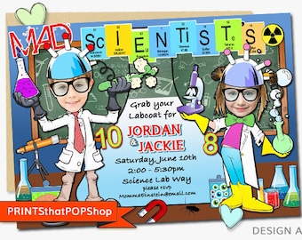 Mad Science-uitnodiging, experiment, verjaardagsuitnodiging, aangepaste gezichtsuitnodigt, wetenschapperfeest, wetenschapsverjaardag, broer of zus uitnodigen, tweeling, foto uitnodigen