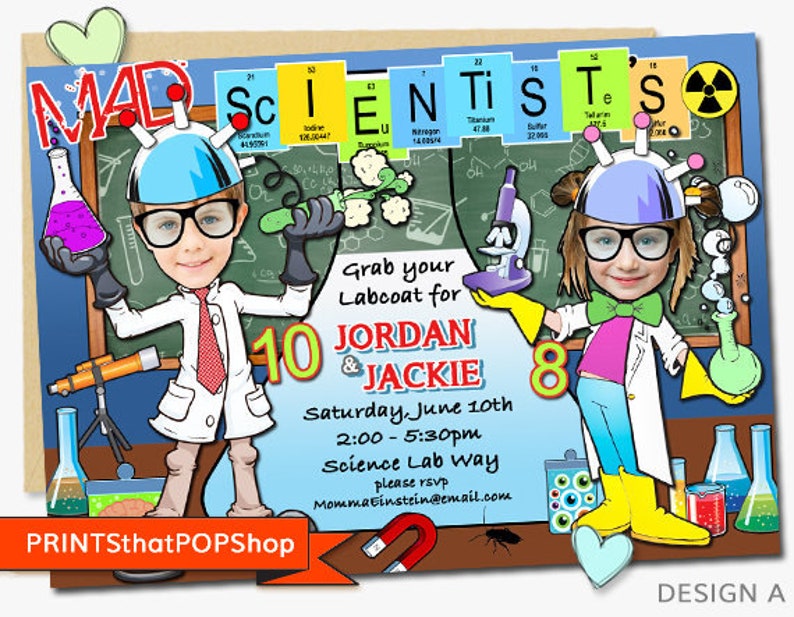 Mad Science Invitation,Experiment,Birthday Invitation,Custom Face Invites,Scientist Party,Science Birthday,Sibling Invite,Twins,Photo Invite image 1