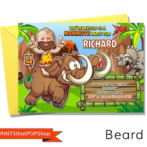 Woolly Mammoth,Dinosaur Birthday,Dinosaur Birthday Invitation,T-Rex,Cute Dinosaur,Prehistoric,Custom Face Invite,Photo Face Invitation