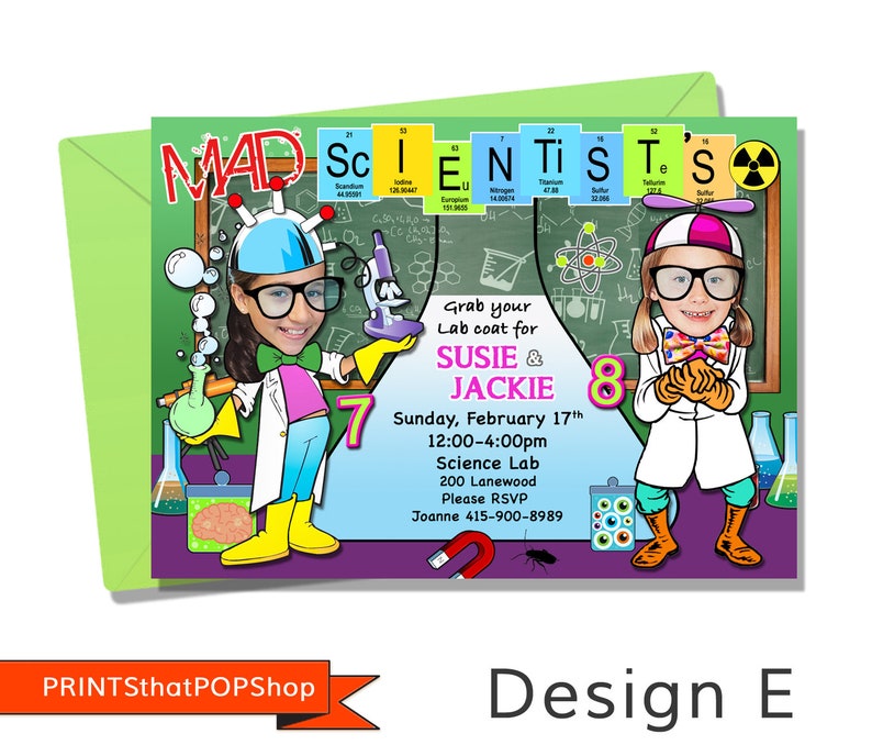 Mad Science Invitation,Experiment,Birthday Invitation,Custom Face Invites,Scientist Party,Science Birthday,Sibling Invite,Twins,Photo Invite image 5