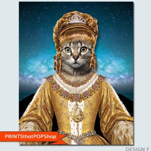 May include: A gray tabby cat wearing a gold and white queen's gown with a crown and jewelry. The cat has a brown wig and is posed against a blue starry background.