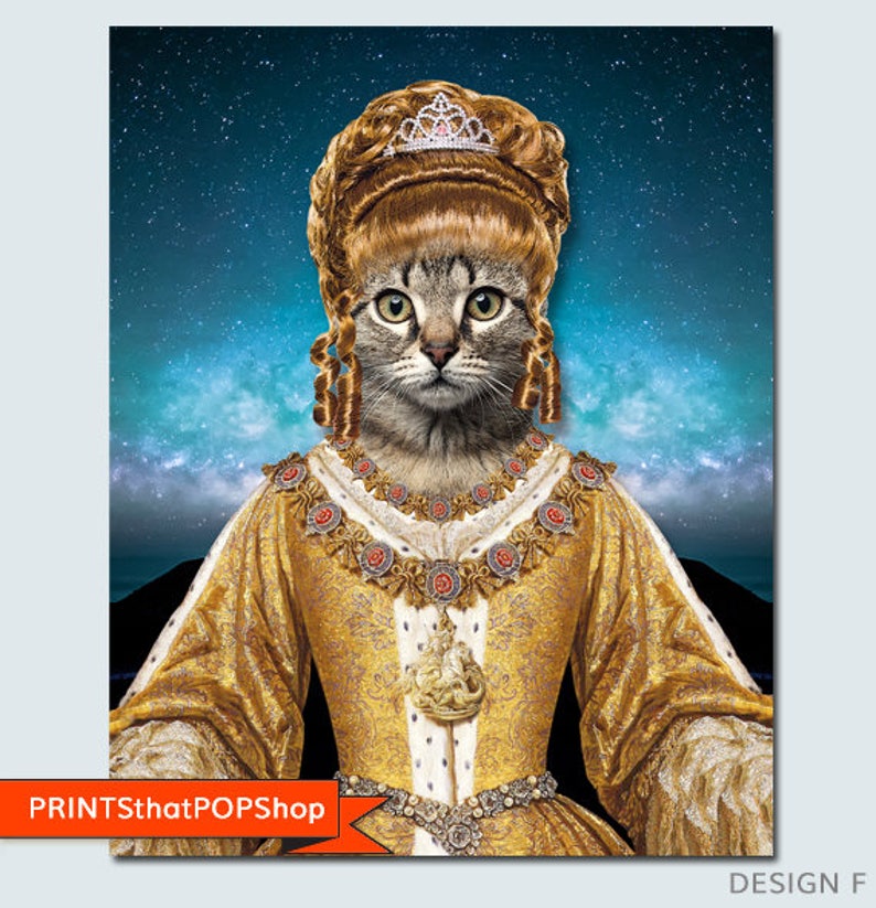 May include: A gray tabby cat wearing a gold and white queen's gown with a crown and jewelry. The cat has a brown wig and is posed against a blue starry background.