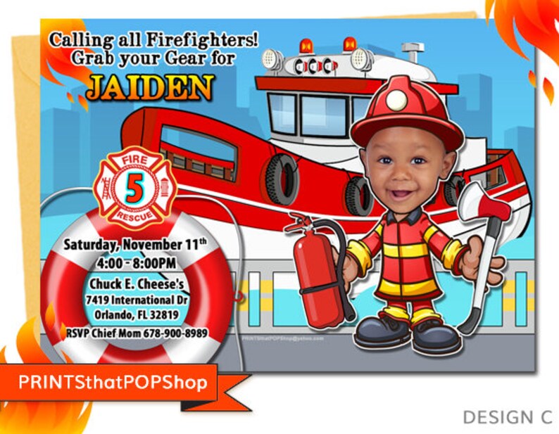 Fire Rescue Invitations Fire Fighter Invitation,fire Truck Party,custom Face Invites,photo Face ...