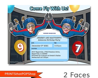 Könnte beinhalten: Geburtstagseinladung mit Skydiving-Thema. Die Einladung zeigt zwei Comicbilder von Kindern in Skydiving-Anzügen mit ihren Gesichtern zugeschnitten. Die Einladung enthält den Text "Come Fly With Us!" und "Jeremy and Matthew's Awesome Birthday Party". Das Datum ist der 5. Dezember 2021, die Uhrzeit ist 15:30 Uhr und der Ort ist IFLY Naperville, 1752 Freedom Drive, Naperville, IL 60563. Die Einladung enthält auch den Text "Anschließend ein Abendessen im italienischen Restaurant Gratzi's um 17:30 Uhr".