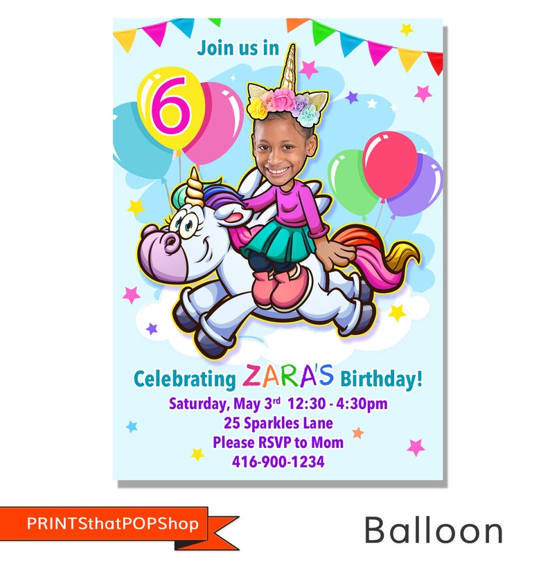 Unicorn Rainbow Invitation,Rainbow Birthday,Custom Face Invite,Unicorn Party,Mermaid,Rainbow Theme,Unicorns and Rainbows,Pastel Theme Party image 2