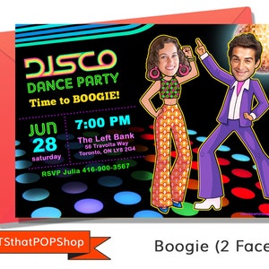 May include: A disco dance party invitation with a black background and neon green, pink, and blue lights. The invitation features two people dressed in 1970s attire, a disco ball, and the text "DISCO DANCE PARTY Time to BOOGIE!"  JUN 28 saturday 7:00 PM The Left Bank 56 Travolta Way Toronto, ON LYB 2G4 RSVP Julia 416-900-3567