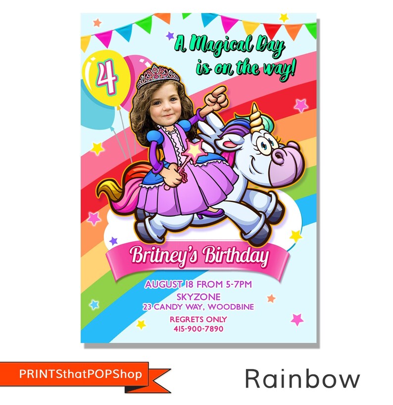 Unicorn Rainbow Invitation,Rainbow Birthday,Custom Face Invite,Unicorn Party,Mermaid,Rainbow Theme,Unicorns and Rainbows,Pastel Theme Party image 1