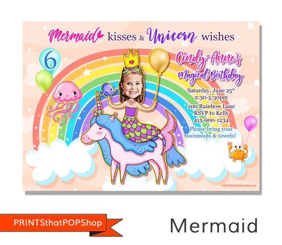 Mermaid Unicorn Rainbow Invite,Rainbow Birthday,Custom Face,Unicorn Party,Mermaid Unicorn,Rainbow Theme,Unicorns and Rainbows,Pastel Theme Il_570xn
