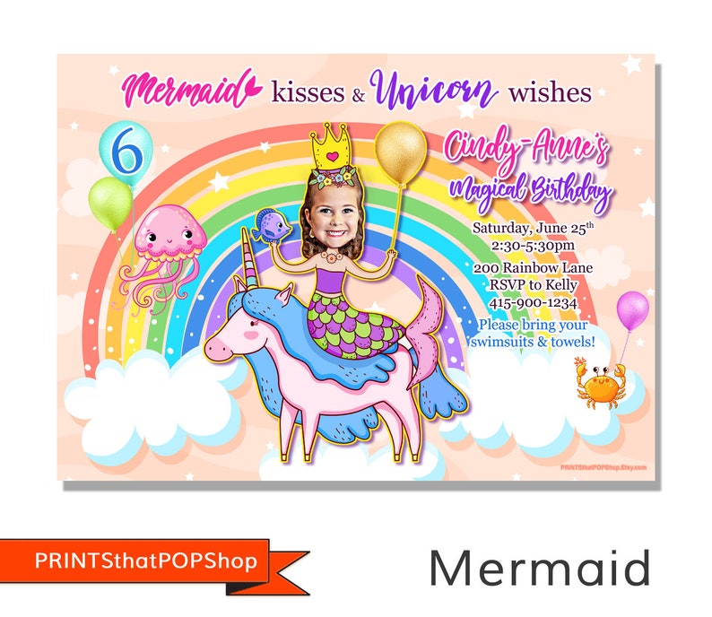 Unicorn Rainbow Invitation,Rainbow Birthday,Custom Face Invite,Unicorn Party,Mermaid,Rainbow Theme,Unicorns and Rainbows,Pastel Theme Party image 5