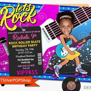 Rock Roll Girl Invitation,Custom Face Invite,Roller Skate,Ice Skate,Rock and Roll Party,Ice Skate,Roller Skate Party,Girls Rock,Singing image 3