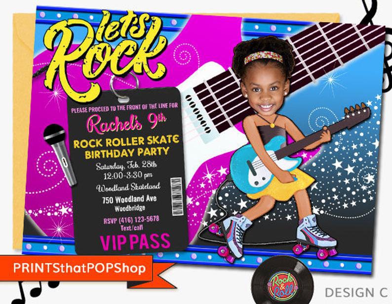 Rock Roll Girl Invitation,Custom Face Invite,Roller Skate,Ice Skate,Rock and Roll Party,Ice Skate,Roller Skate Party,Girls Rock,Singing image 3