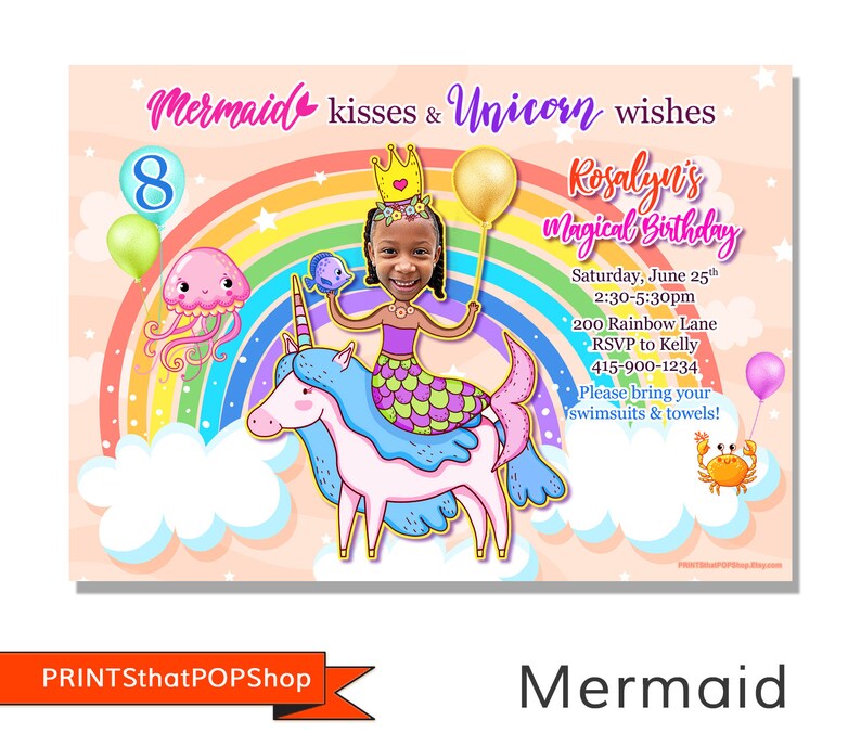 Unicorn Rainbow Invitation,Rainbow Birthday,Custom Face Invite,Unicorn Party,Mermaid,Rainbow Theme,Unicorns and Rainbows,Pastel Theme Party image 4