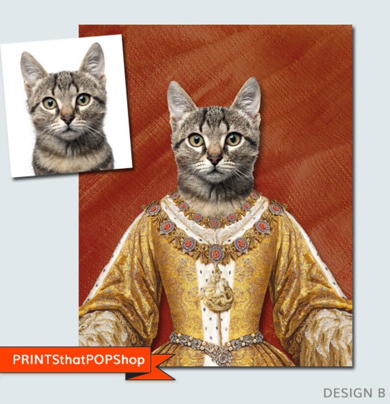 May include: A tabby cat dressed as a queen in a gold and white gown with a crown and jewels. The cat is looking directly at the viewer. The background is a red canvas.