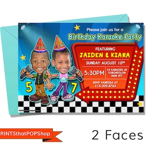 May include: A birthday party invitation featuring a red and white marquee with the text "Birthday Karaoke Party" and the names "Jaiden & Kiara". The invitation also includes the date, time, and location of the party. Two cartoon children are holding microphones in front of the marquee. The boy is wearing a green shirt and blue jeans, and the girl is wearing a purple shirt and pink pants. The background is a checkered pattern.