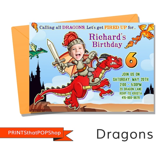 Dragon Birthday Invitation,Dragon Theme,Knights and Dragons,Custom Face Invite,Photo Face Invitation,Dragon and Dinosaur,Dragonsaur,Princess Il_570xn