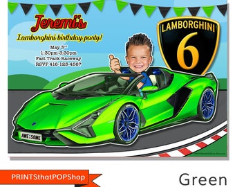 Birthday Race Car Card,Lambo Car,Custom Invite,Photo Invite,Face Invitations,Race Car Party, Raceway Birthday, Hot Rod Car,Bachelor Party