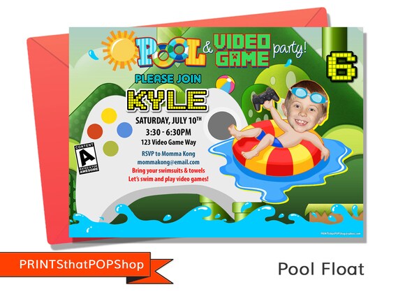 Pool Party Birthday,Video Game Invitation,Pool Party Video Games,Custom Face Invite,Photo Face,Caricatures,Video Game Birthday,Swim Party Il_570xn