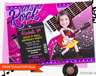 Rock Roll Girl Invitation,Custom Face Invite,Roller Skate,Ice Skate,Rock and Roll Party,Ice Skate,Roller Skate Party,Girls Rock,Singing