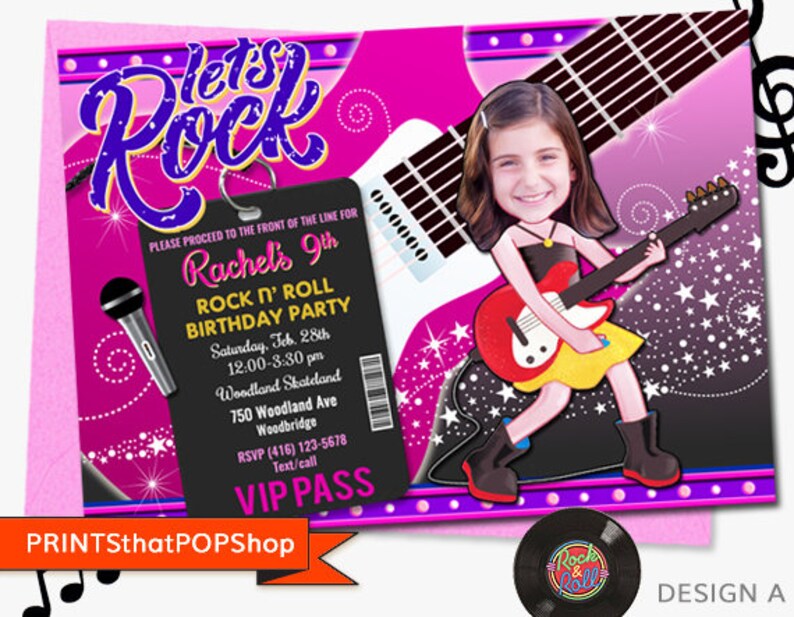 Rock Roll Girl Invitation,Custom Face Invite,Roller Skate,Ice Skate,Rock and Roll Party,Ice Skate,Roller Skate Party,Girls Rock,Singing image 1
