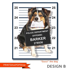 May include: A black and brown Australian Shepherd dog wearing a letter carrier's uniform with a white envelope in its mouth. The dog is sitting in front of a police mugshot background with the text "POLICE DEPARTMENT OFFENSE: BARKER 278936" on a black sign. The text "Gucci" the dog is below the image.