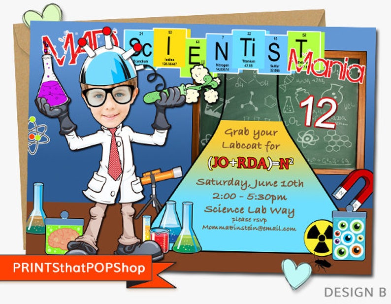 Mad Science Invitation,Experiment,Birthday Invitation,Custom Face Invites,Scientist Party,Science Birthday,Sibling Invite,Twins,Photo Invite image 2