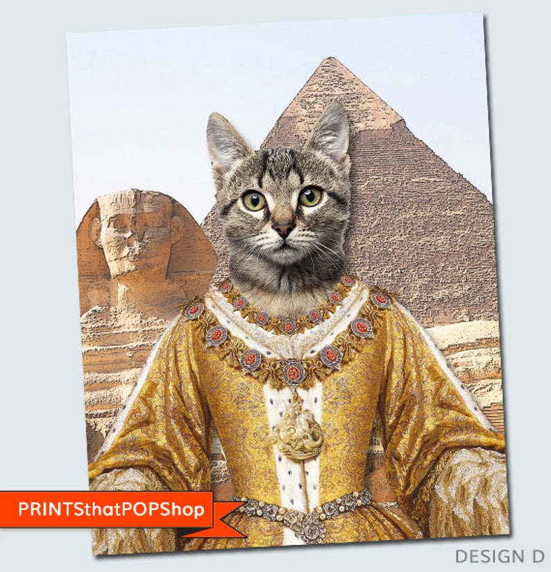 May include: A tabby cat dressed as a queen with a gold crown and robe, standing in front of the pyramids of Giza. The cat is looking directly at the viewer. The image is a digital illustration.