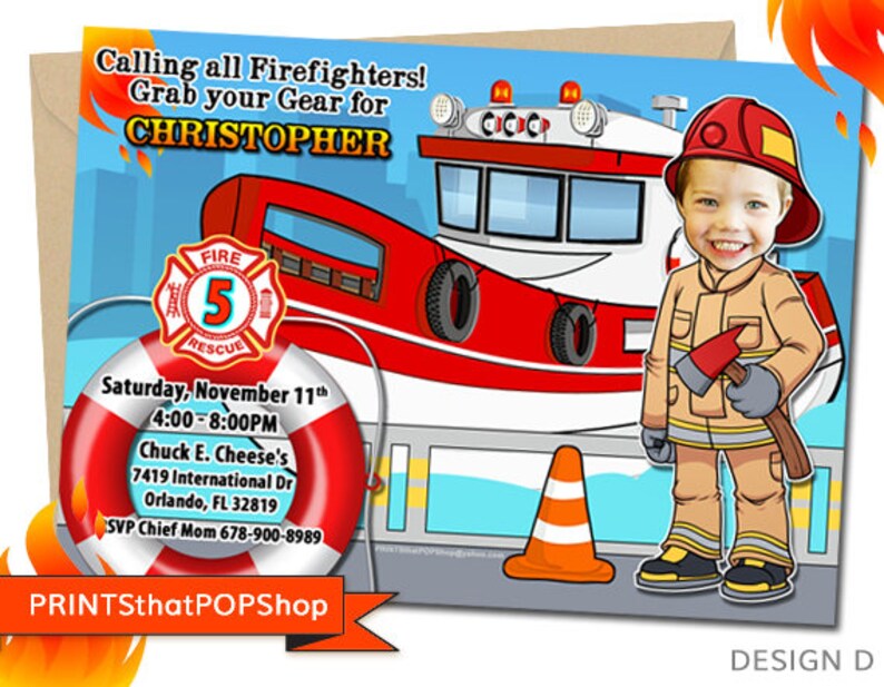 Fire Rescue Invitations Fire Fighter Invitation,fire Truck Party,custom Face Invites,photo Face ...