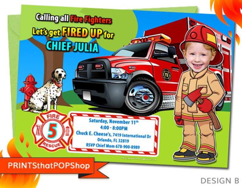 Fire Rescue Invitations Fire Fighter Invitation,fire Truck Party,custom Face Invites,photo Face ...