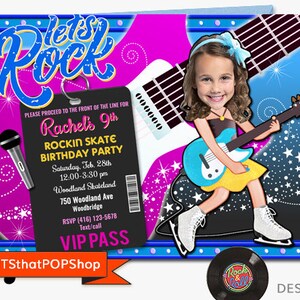 Rock Roll Girl Invitation,Custom Face Invite,Roller Skate,Ice Skate,Rock and Roll Party,Ice Skate,Roller Skate Party,Girls Rock,Singing image 2