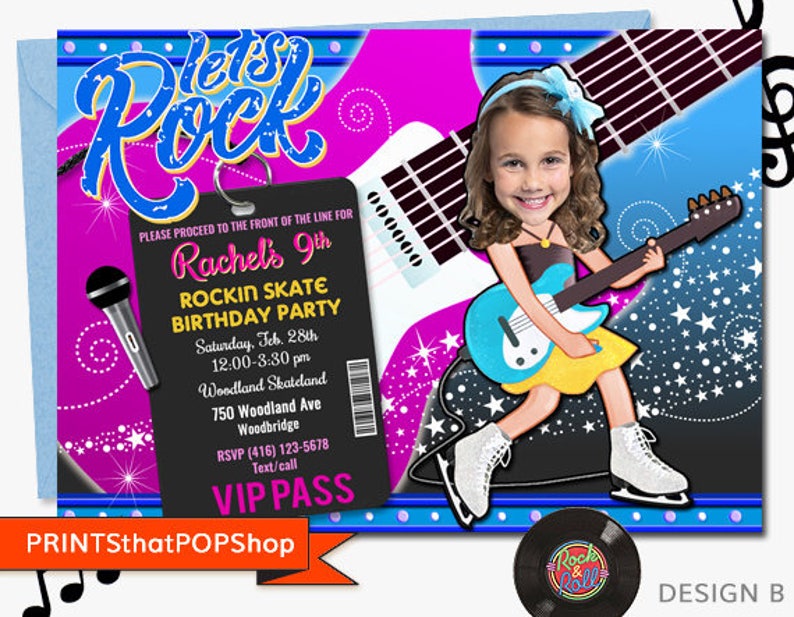 Rock Roll Girl Invitation,Custom Face Invite,Roller Skate,Ice Skate,Rock and Roll Party,Ice Skate,Roller Skate Party,Girls Rock,Singing image 2