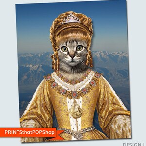 May include: A tabby cat wearing a gold and white queen's gown with a crown and a jeweled necklace. The cat has a brown wig and is posed against a mountain background.
