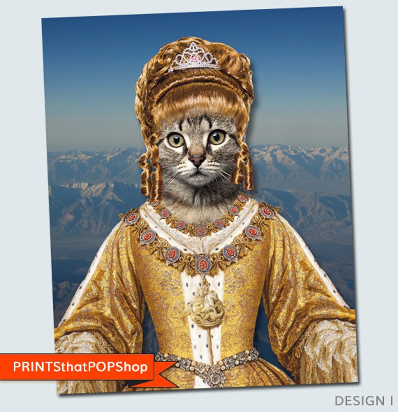 May include: A tabby cat wearing a gold and white queen's gown with a crown and a jeweled necklace. The cat has a brown wig and is posed against a mountain background.