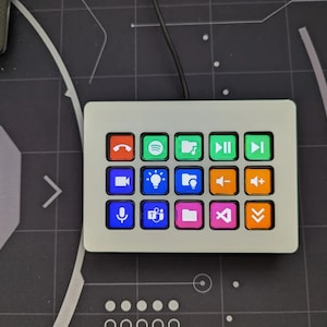 以下が含まれることがあります： 16個の丸いボタンが付いた白い長方形のキーボード。各ボタンには、電話、音符、フォルダ、電球、マイク、ビデオカメラ、再生ボタンなど、異なるアイコンが表示されています。キーボードは黒い表面の上に置かれています。