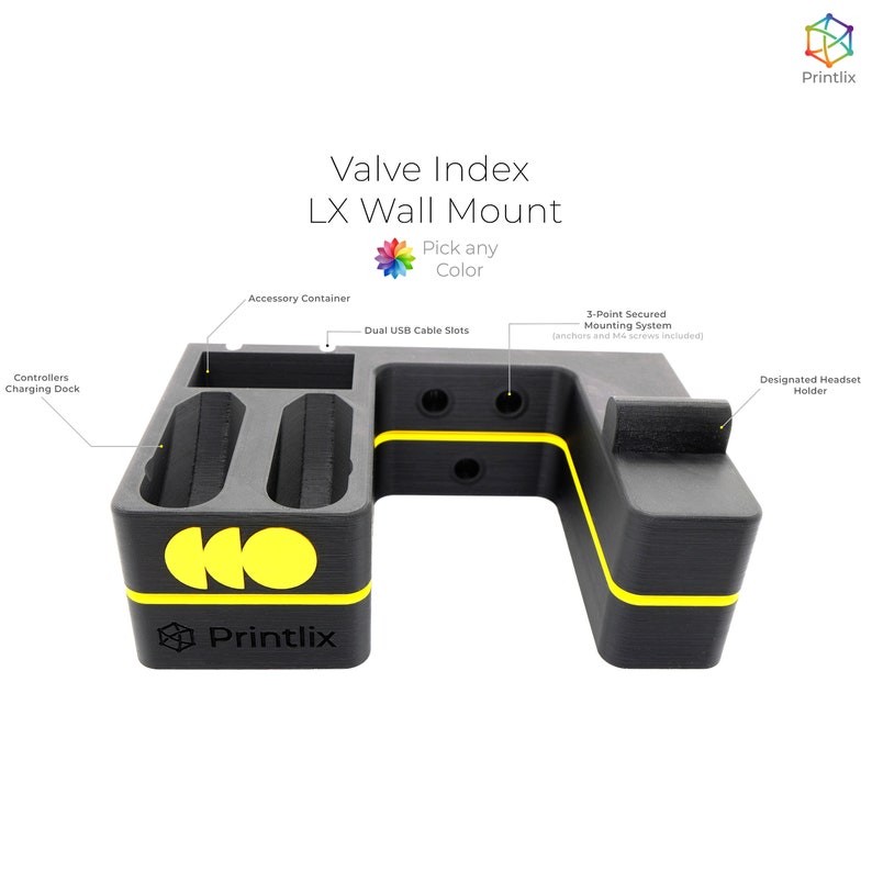May include: Black wall mount for a Valve Index VR headset with a designated headset holder, dual USB cable slots, and a controller charging dock. The mount has a yellow accent stripe and the text "Printlix" on the front.