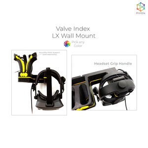May include: Black wall mount for a Valve Index VR headset with yellow accents. The mount includes a headset grip handle and a separate knuckle palm support.