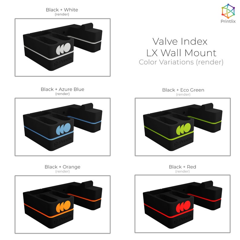 May include: Valve Index LX Wall Mount in black with colour variations: white, azure blue, eco green, orange, and red. The mount is designed to hold the controllers and has a logo on the front.