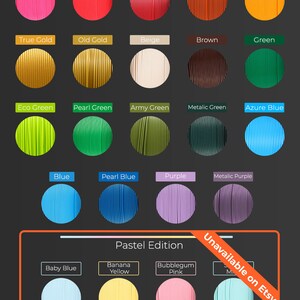 May include: A colour chart displaying a range of filament colours for 3D printing. The chart is organised into sections: "Color Palette", "Pastel Edition", "Army Edition", and "Galaxy". Each section showcases a variety of colours, including white, black, grey, silver, pink, red, pearl red, copper, orange, true gold, old gold, beige, brown, green, eco green, pearl green, army green, metallic green, azure blue, blue, pearl blue, purple, metallic purple, baby blue, banana yellow, bubblegum pink, woodland green, ranger grey, desert beige, dusty brown, galaxy black, galaxy silver, galaxy purple, mystic green, and mystic brown.